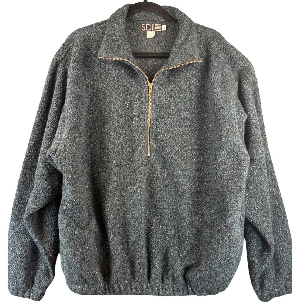 Vintage SDI Mens XL Quarter Zip Flecked Boucle Knit Pullover Sweater Blue Grey